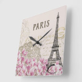 フランスのヴィンテージフローラスタイル。ピンクエッフェルタワー スクエア壁時計 (傾斜)