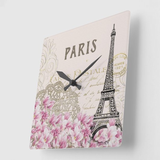 フランスのヴィンテージフローラスタイル。ピンクエッフェルタワー スクエア壁時計 (傾斜)