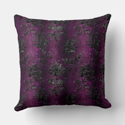 フランスのヴィンテージブラックフローラダマスク紫パターン クッション (裏面)