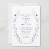 フランスのヴィンテージブルーフローラ結婚式招待状 招待状 (正面)