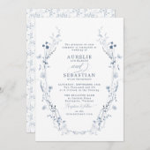 フランスのヴィンテージブルーフローラ結婚式招待状 招待状 (正面/裏面)