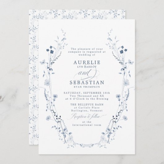 フランスのヴィンテージブルーフローラ結婚式招待状 招待状 (正面/裏面)