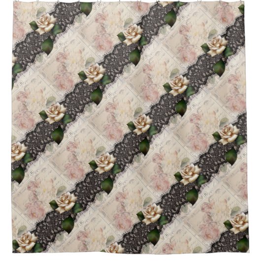 フランスのヴィンテージレースビクトリアン白いローズ シャワーカーテン (正面)