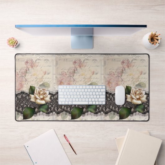 フランスのヴィンテージレースビクトリアン白いローズ デスクマット (オフィス1)