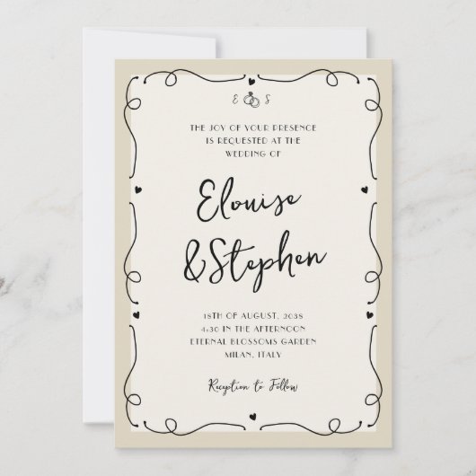 フランスのヴィンテージ手お洒落描き結婚枠 招待状 (正面)