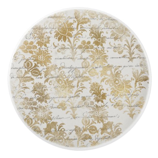 フランスのヴィンテージ金ゴールドフローラ セラミックノブ (正面)