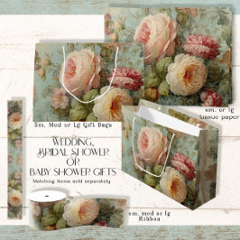 フランスのヴィンテージ ローズ フラワーブルーのピンクのウェディングシャワー ラージペーパーバッグ