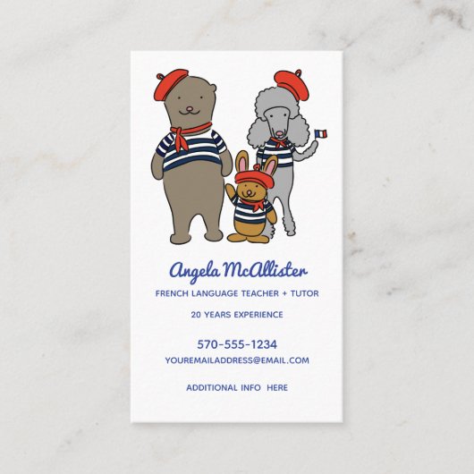 フランスの先生、家庭教師、翻訳者かわいい動物 名刺 (正面)