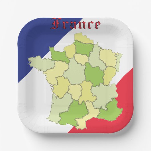 フランスの国旗と地図 ペーパープレート (正面)