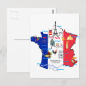 フランスの地図とランドマーク観光名所 ポストカード (正面/裏面)
