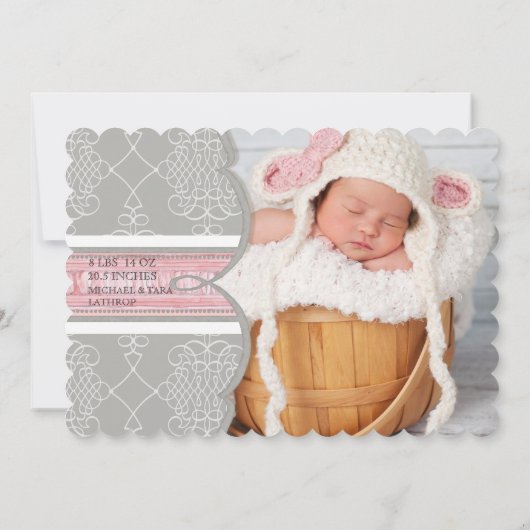 フランスの弓のダマスクの渦巻きの女の子の出産のお知らせ - 案内状 (裏面)