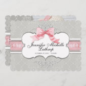 フランスの弓のダマスクの渦巻きの女の子の出産のお知らせ - 案内状 (正面/裏面)