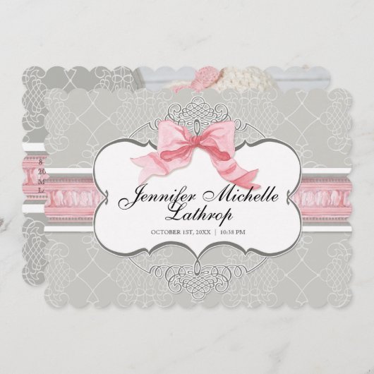 フランスの弓のダマスクの渦巻きの女の子の出産のお知らせ - 案内状 (正面/裏面)