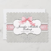 フランスの弓のダマスクの渦巻きの女の子の出産のお知らせ - 案内状 (正面)