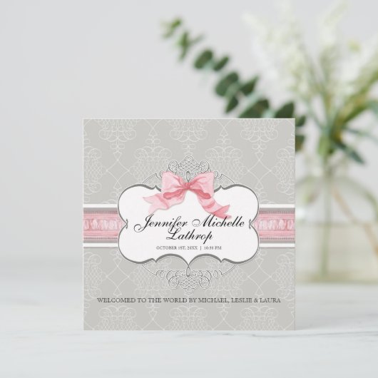 フランスの弓のダマスク・スワール・ガール 誕生発表 案内状 (スタンド正面)