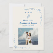 フランスの手描きリボンモノグラム青い写真ウェディング サンキューカード (正面)