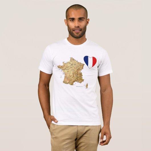 フランスの旗のハートおよび地図のTシャツ Tシャツ (正面フル)