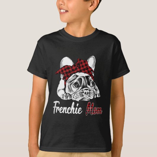 フランスの母 |赤いフランスの格子模様のブルドッグ Tシャツ (正面)