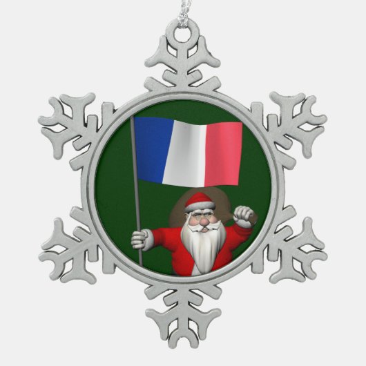 フランスの看板のあるサンタクロース スノーフレークピューターオーナメント (正面)