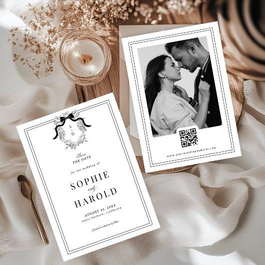 フランスの紋章とコケティーボウのモノグラムQRコードウェディング セーブザデート