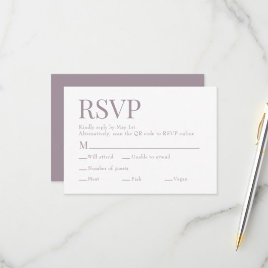 フランスの薄紫スキャンQrコード食事の選択結婚の 出欠カード (正面/裏面インサイチュ)