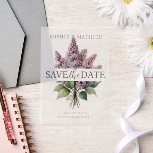 フランスの薄紫水色フローラエレガント春 ベラム紙招待状 (ウェディング)