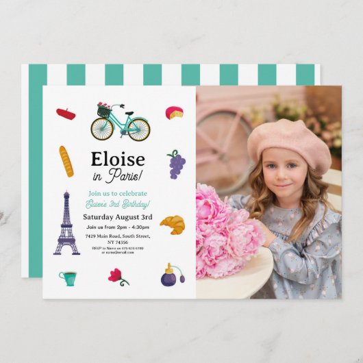 フランスの誕生日パリの女の子楽しい - どんな年齢でも写真 招待状 (正面/裏面)