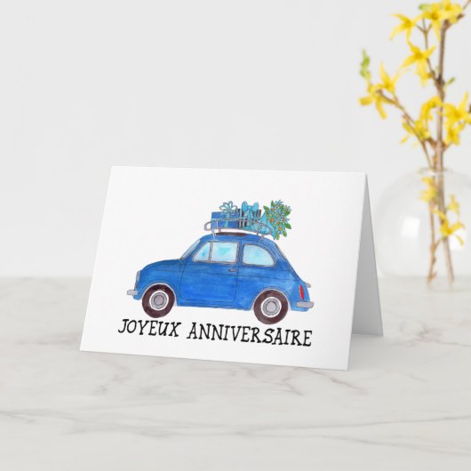 フランスの誕生日レトロフィアット500 カード (黄色い花)