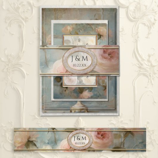 フランスの金ゴールドクラシックフローラブルーとピンク結婚ズ 招待状ベリーバンド