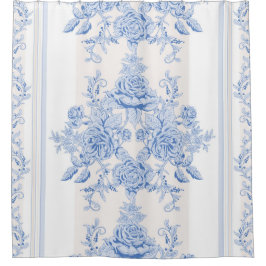 フランスの，みすぼらしいシック，ヴィンテージ，ブルー淡い色の，ホワイト，カウンティ シャワーカーテン