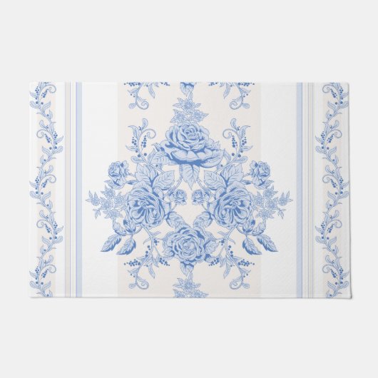 フランスの,みすぼらしいシック,ヴィンテージ,ブルー淡い色の,ホワイト,カウンティ ドアマット (正面)