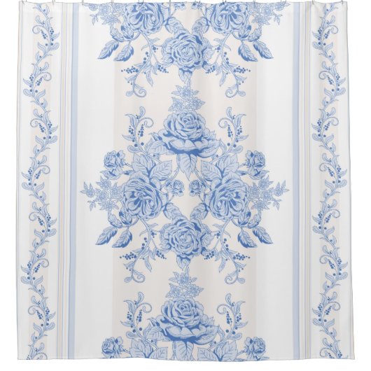 フランスの,みすぼらしいシック,ヴィンテージ,淡い色の青,白,カウンター シャワーカーテン (正面)