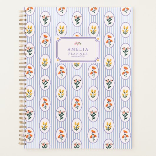 フランスの,コテージスタイルフローラ，青ストライプ色 プランナー手帳 (正面)