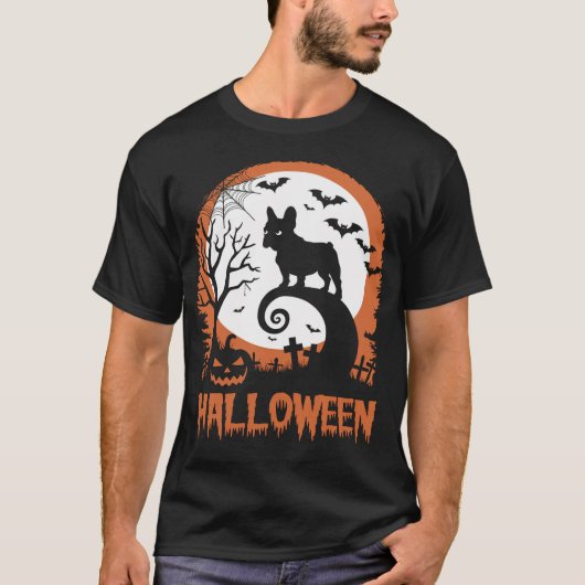 フランスのBulld0gとムーン面白いハロウィーンの衣装 Tシャツ (正面)