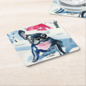 フランスのBulldog in Christmas Santa hat,カスタム文字 スクエアペーパーコースター (アングル)
