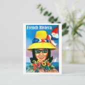 フランスのriviera、サングラスの女性と黄色い帽子 ポストカード (スタンド正面)