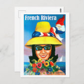フランスのriviera、サングラスの女性と黄色い帽子 ポストカード (正面/裏面)