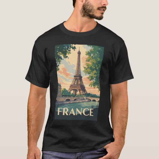 フランスエッフェルタワートラベルアートヴィンテージ Tシャツ (正面)