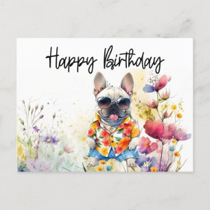 フランスブルドッグの花畑の誕生日 ポストカード
