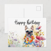 フランスブルドッグの花畑の誕生日 ポストカード (正面/裏面)