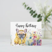 フランスブルドッグの花畑の誕生日 ポストカード (スタンド正面)