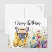 フランスブルドッグの花畑の誕生日 ポストカード (正面/裏面)