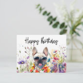フランスブルドッグの花畑の誕生日 ポストカード (スタンド正面)