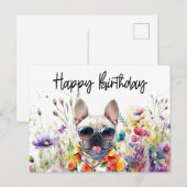 フランスブルドッグの花畑の誕生日 ポストカード (正面/裏面)
