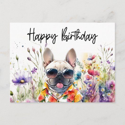 フランスブルドッグの花畑の誕生日 ポストカード (正面)