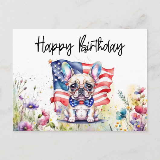 フランスブルドッグの花畑の誕生日 ポストカード (正面)
