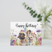 フランスブルドッグの花畑の誕生日 ポストカード (スタンド正面)