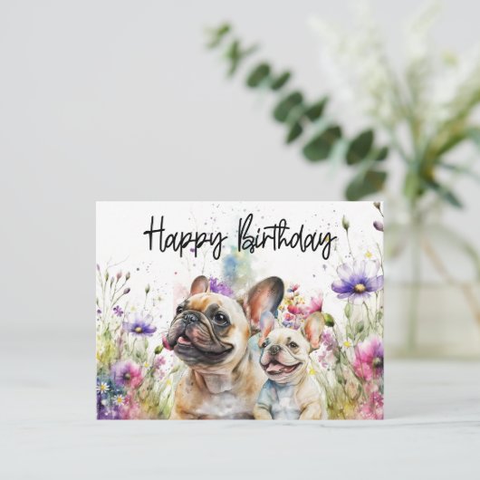 フランスブルドッグの花畑の誕生日 ポストカード (スタンド正面)
