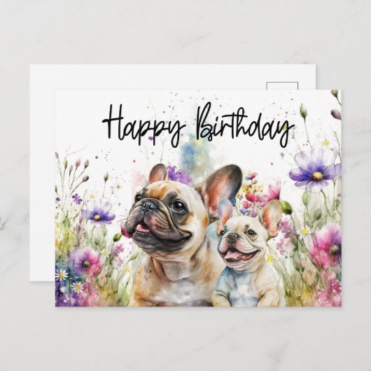 フランスブルドッグの花畑の誕生日 ポストカード (正面/裏面)