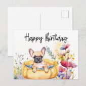 フランスブルドッグの花畑の誕生日 ポストカード (正面/裏面)
